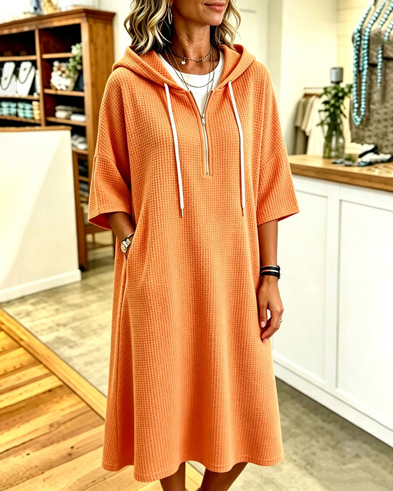 Dress Zipper Waffle Hood Three-Quarter Sleeve