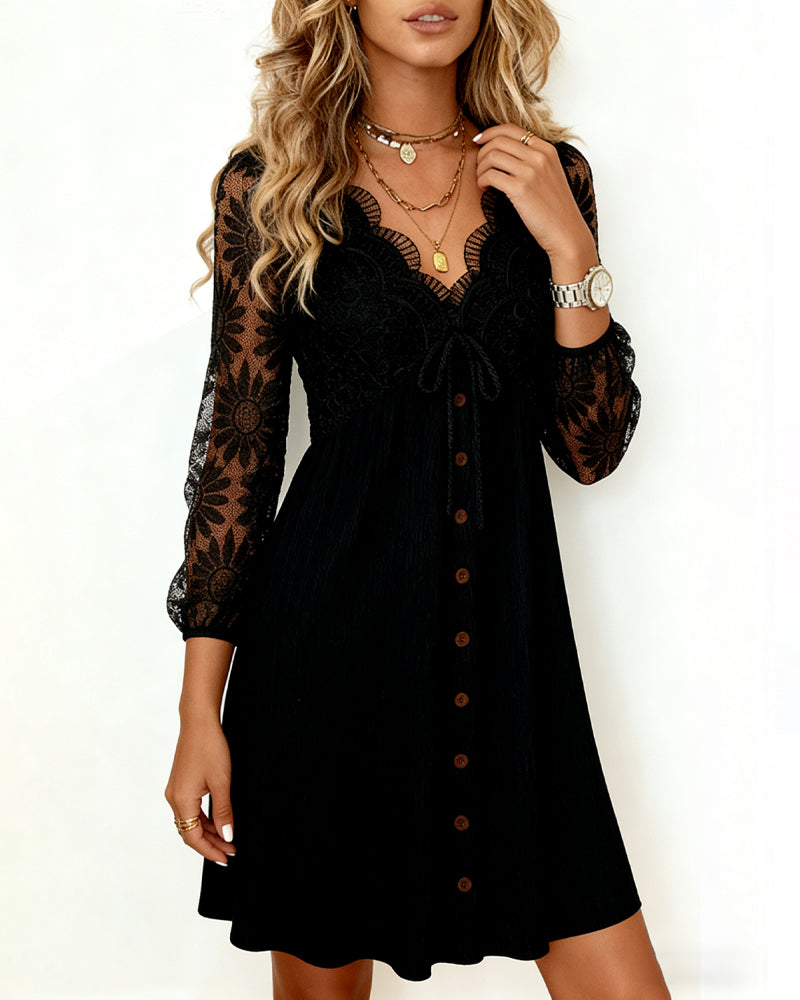Sunflower Lace Dress Long Sleeves V-Neck