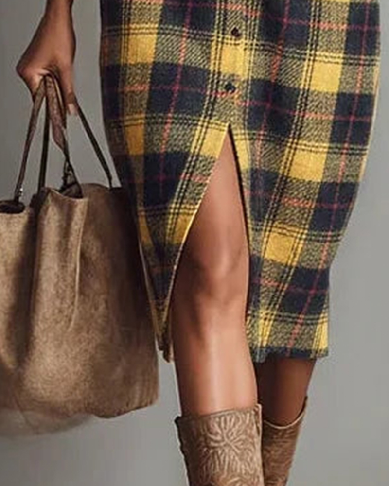 Dress with Shirt Collar Checkered Long Sleeve