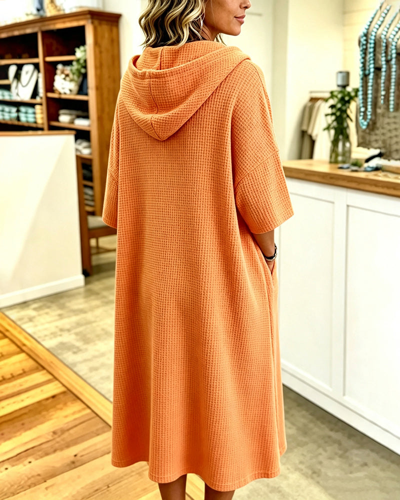 Dress Zipper Waffle Hood Three-Quarter Sleeve