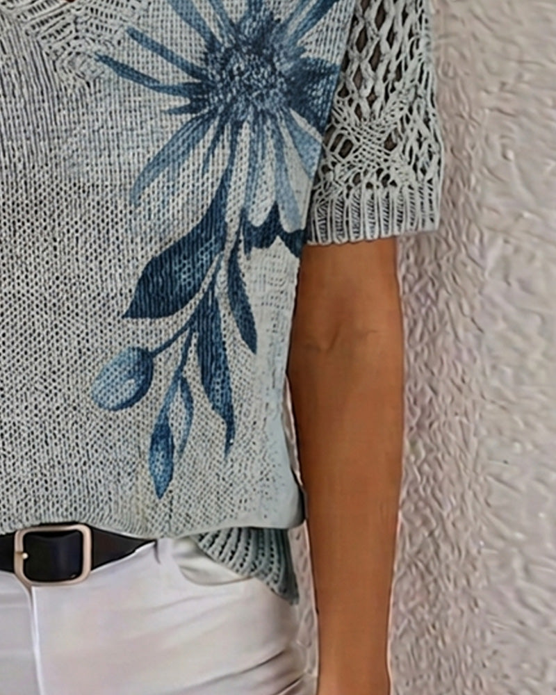Floral Knit V-Neck Pullover