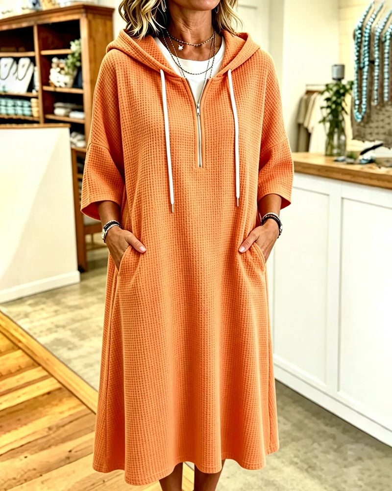 Dress Zipper Waffle Hood Three-Quarter Sleeve