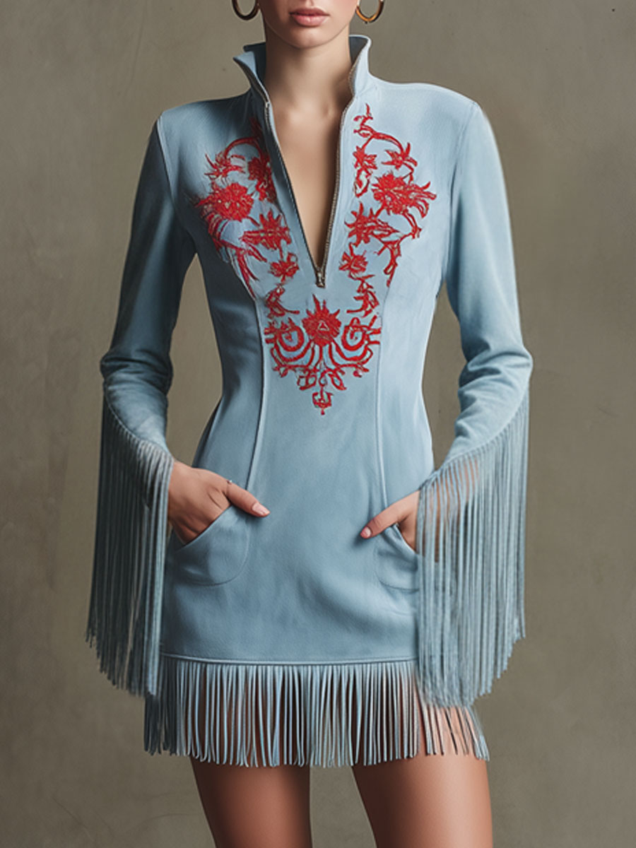 Western Retro Red Embroidered Blue Faux Suede Long Sleeved Tassel Mini Dress