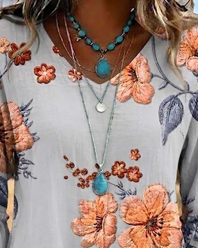 Vintage Floral V-Neck Blouse Loose Fit