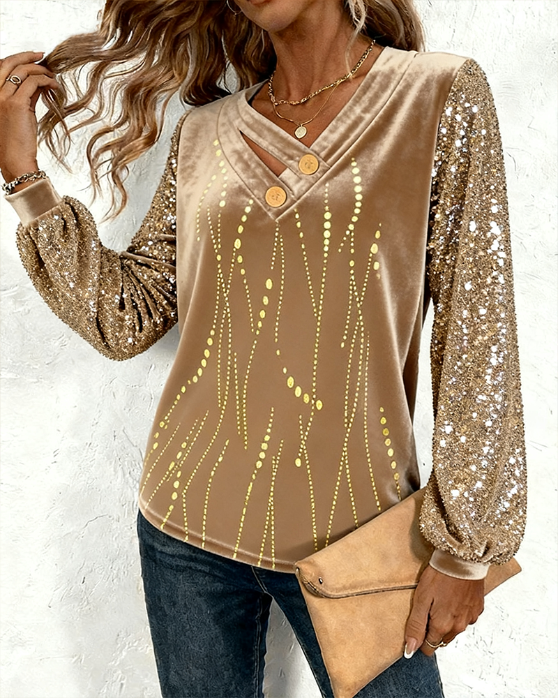 Sequined Velvet Patchwork V-Neck Top