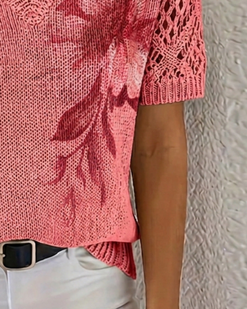 Floral Knit V-Neck Pullover