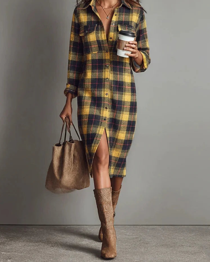 Dress with Shirt Collar Checkered Long Sleeve