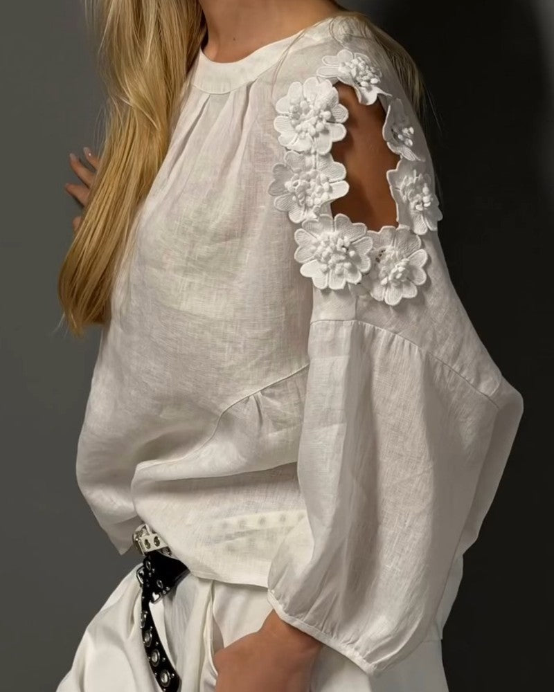 Blouses Round Neck Cut-Out Off-Shoulder 3D Flowers