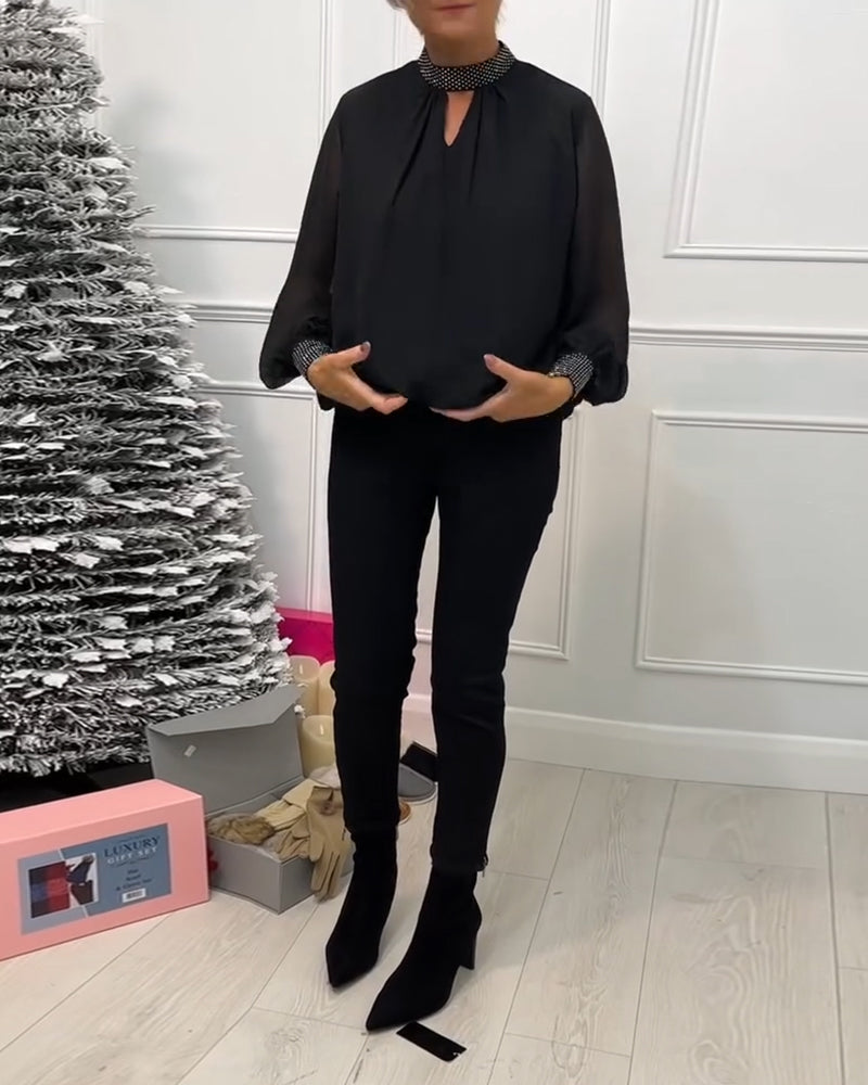 High-Necked Sheer Patchwork Blouse in Solid Color
