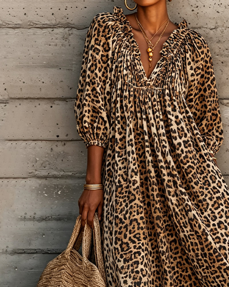 Leopard Print Dress V-Neck Puff Sleeve