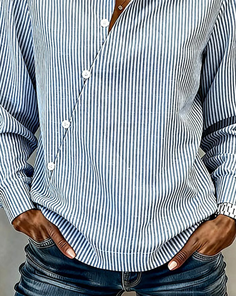 Asymmetrical Button Down Striped Blouse