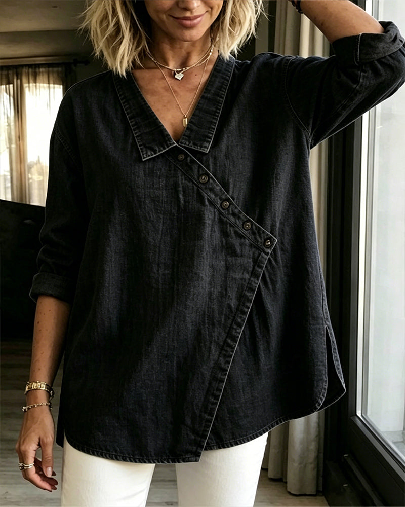 Solid Color Diagonal Button Collar Long Sleeve Blouse
