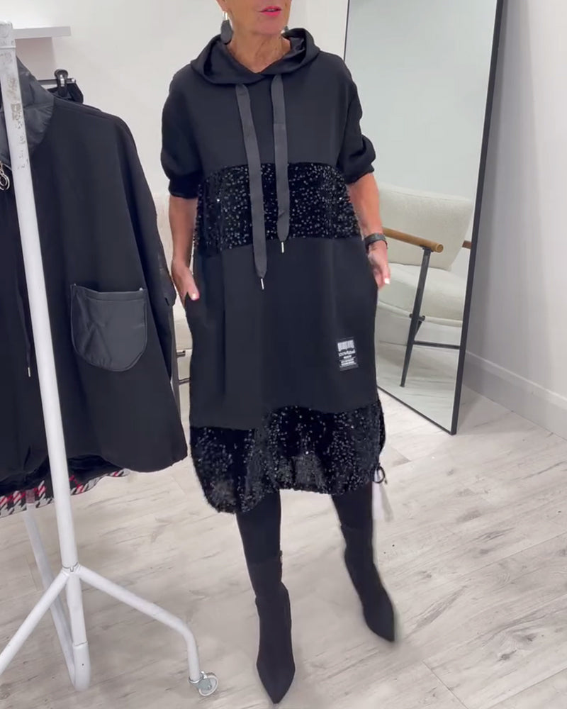Trendy Hooded Dress with Patchwork