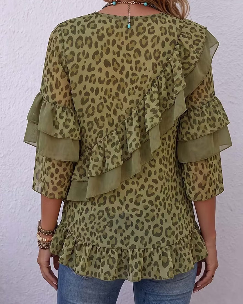 Blouse V-Neck Ruffle Leopard
