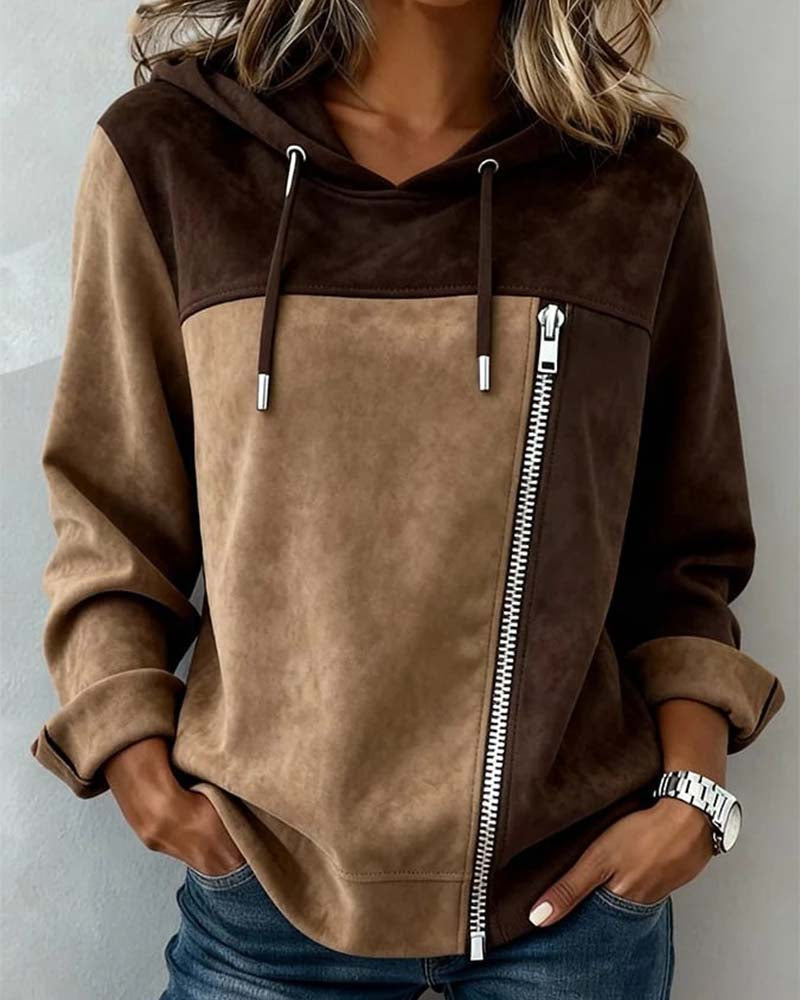 Hoodie with Hood Drawstring Contrast Zipper