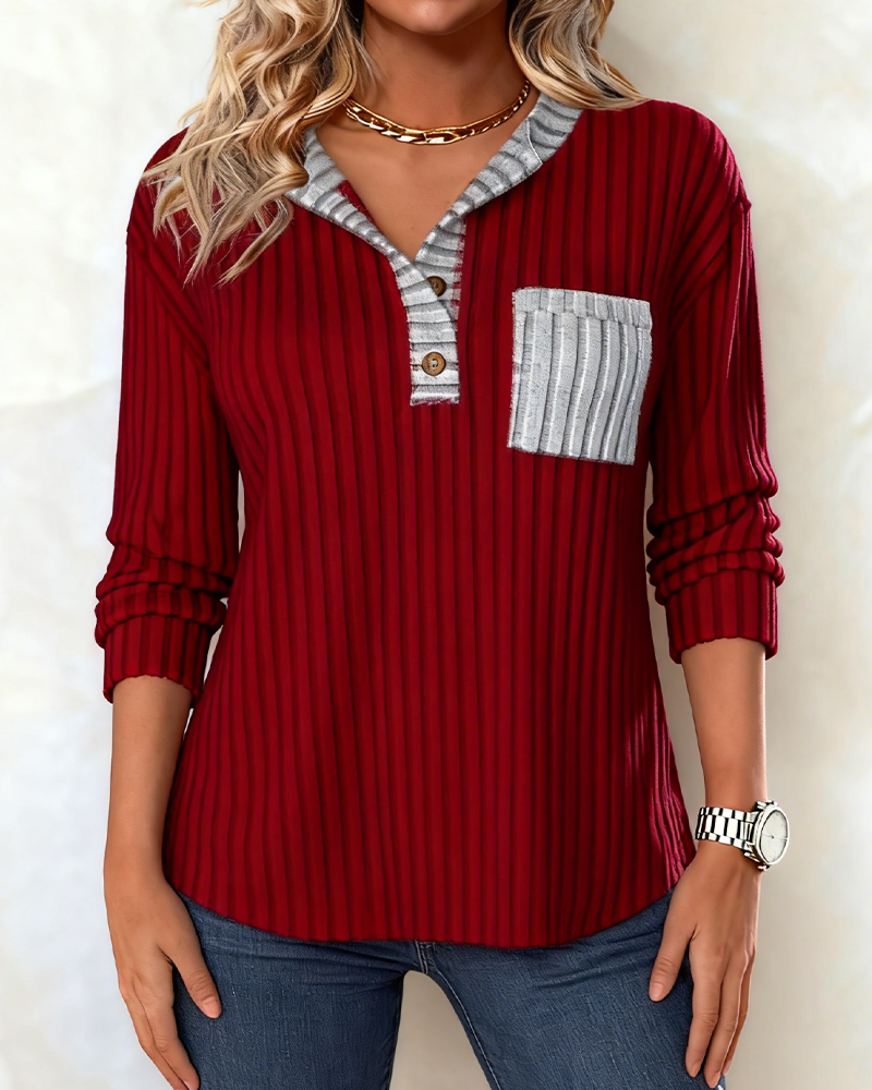 Contrast Color Ribbed Button-Down Sweatshirt