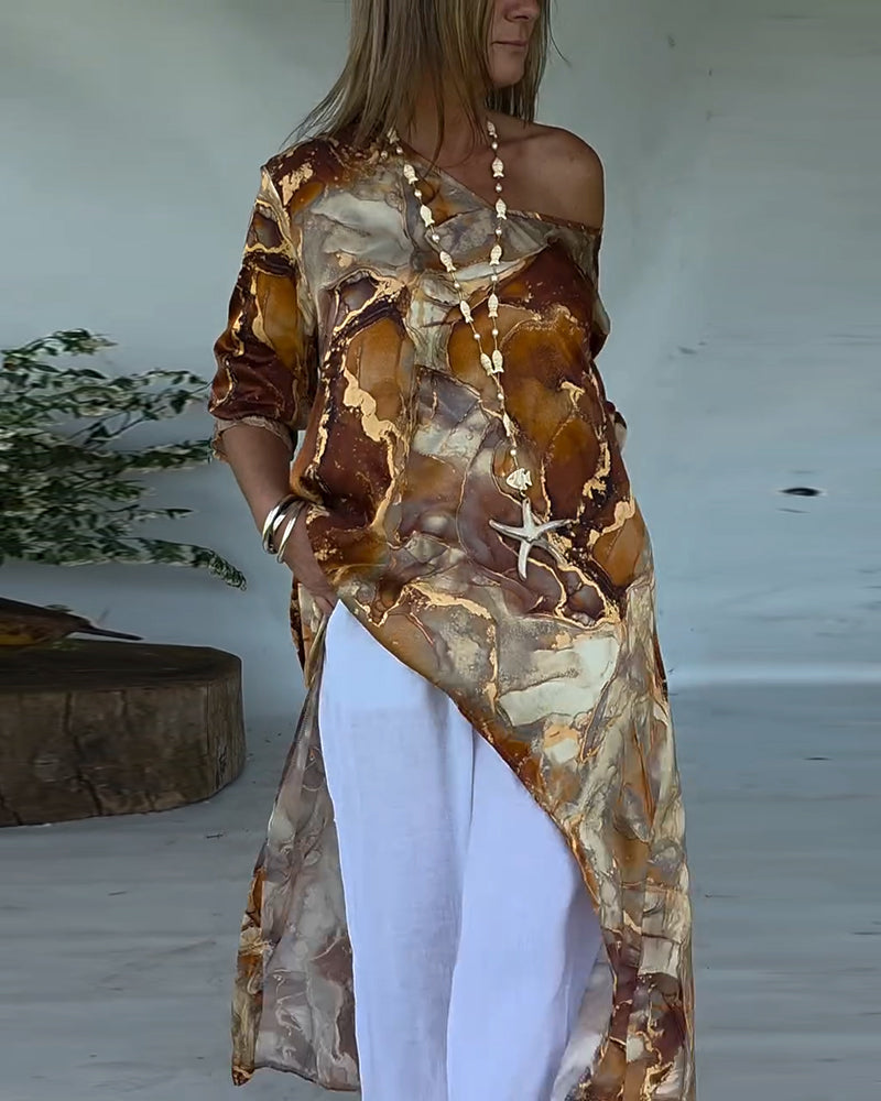 Trendy Printed Split Blouse