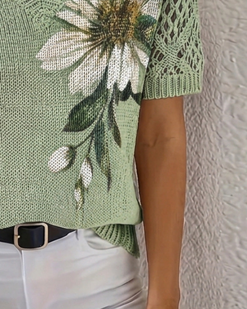 Floral Knit V-Neck Pullover