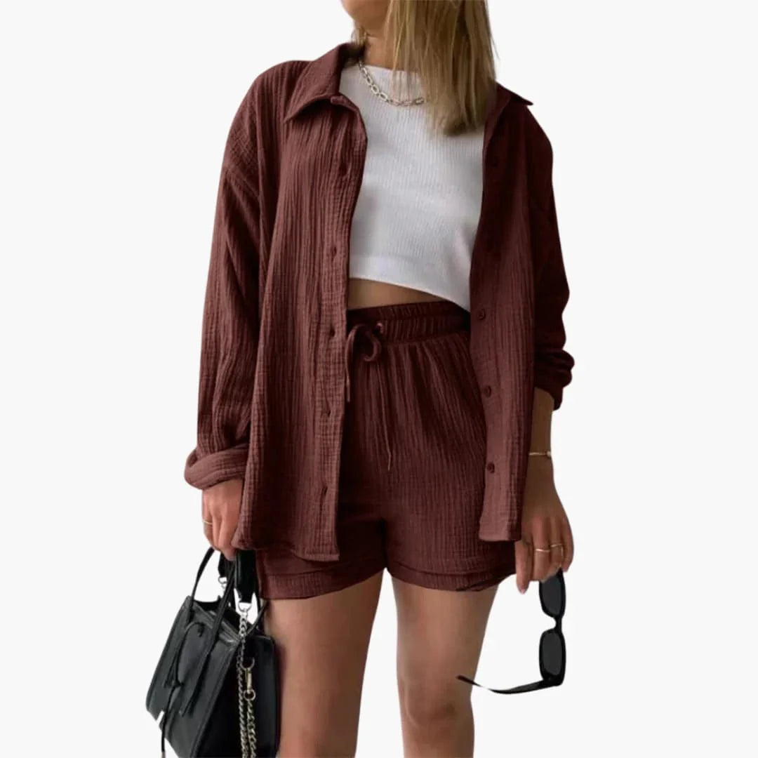 Casual Shirt and Shorts Set with Button Front and Drawstring Waist