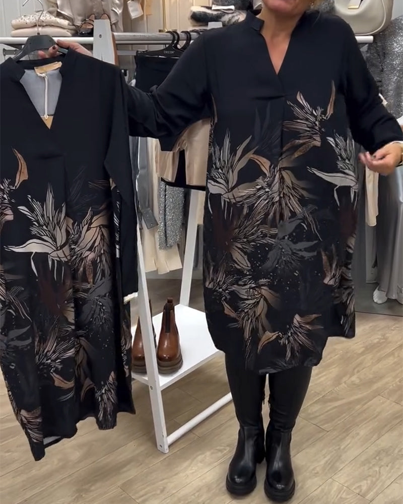 Dress V-neck Leaf Print Long Sleeve