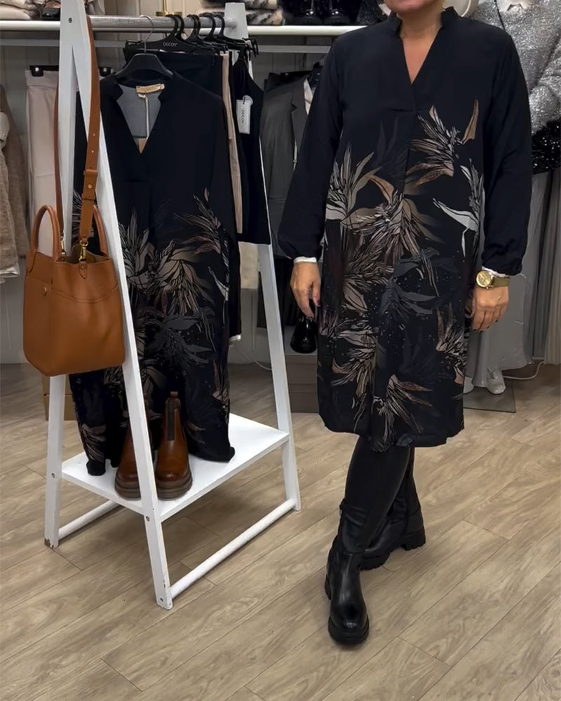 Dress V-neck Leaf Print Long Sleeve