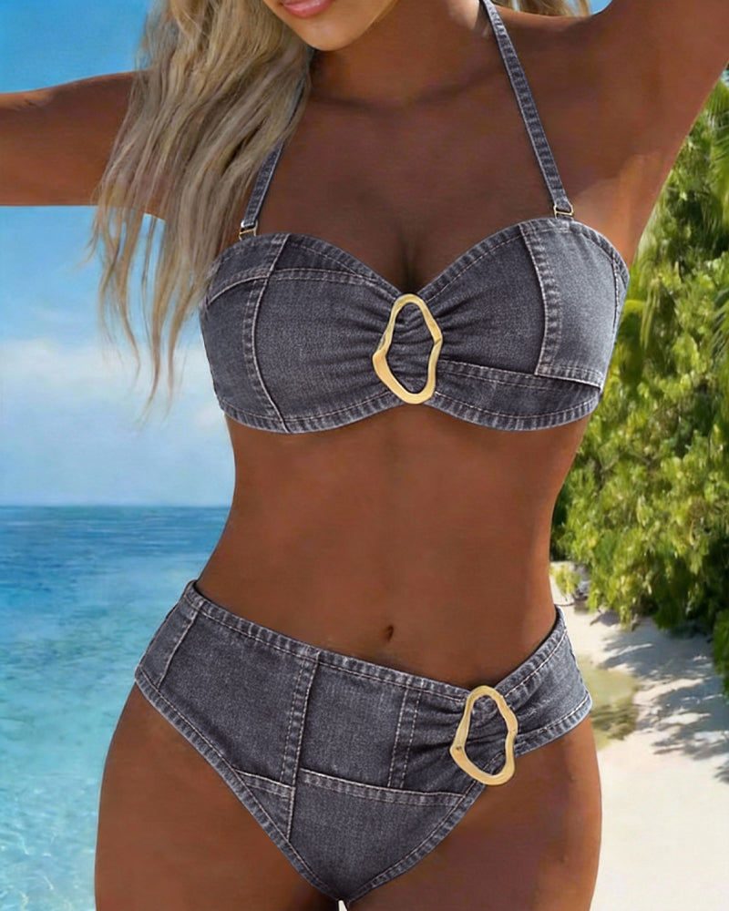 Metal Buckle Suspender Bikini Two-Piece