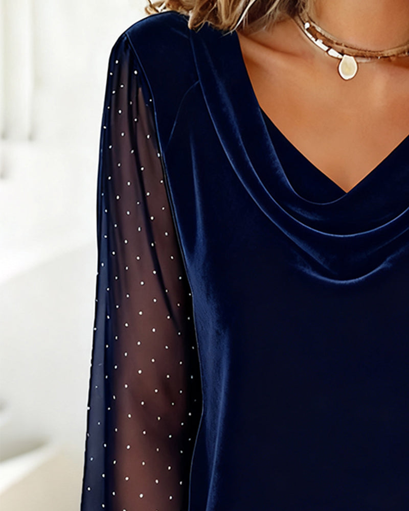 Long Sleeve Top with Draped Collar and Panels