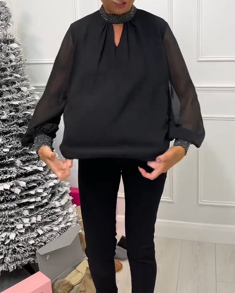 High-Necked Sheer Patchwork Blouse in Solid Color