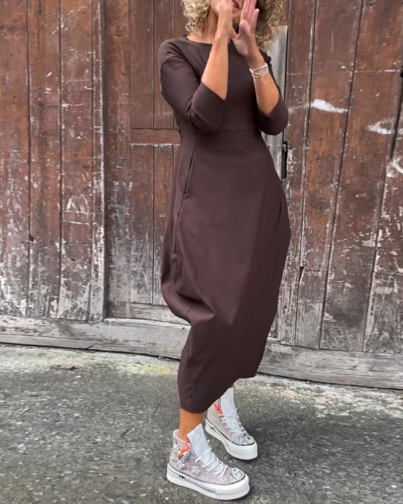 Simple Solid Color Long Sleeved Dress with Pockets