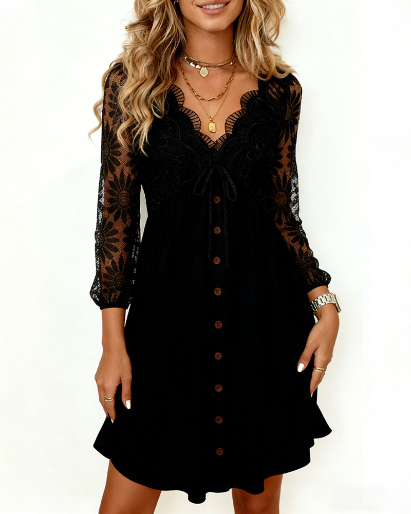 Sunflower Lace Dress Long Sleeves V-Neck