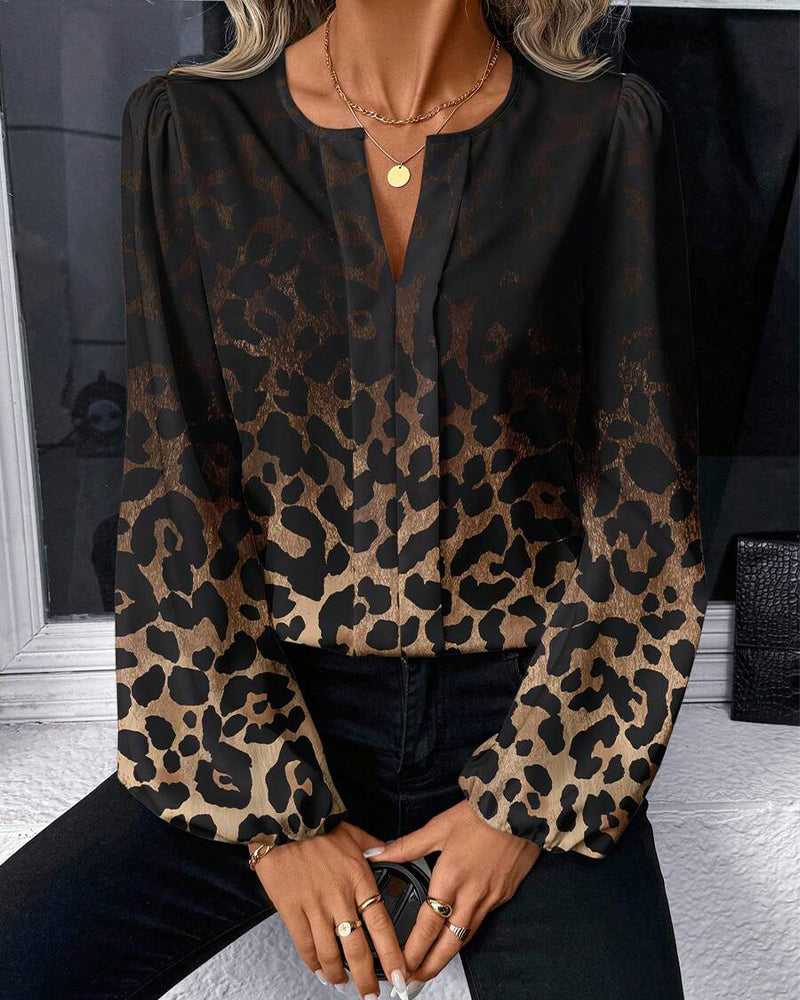 Shirt Puff Sleeve Gradient Leopard Print