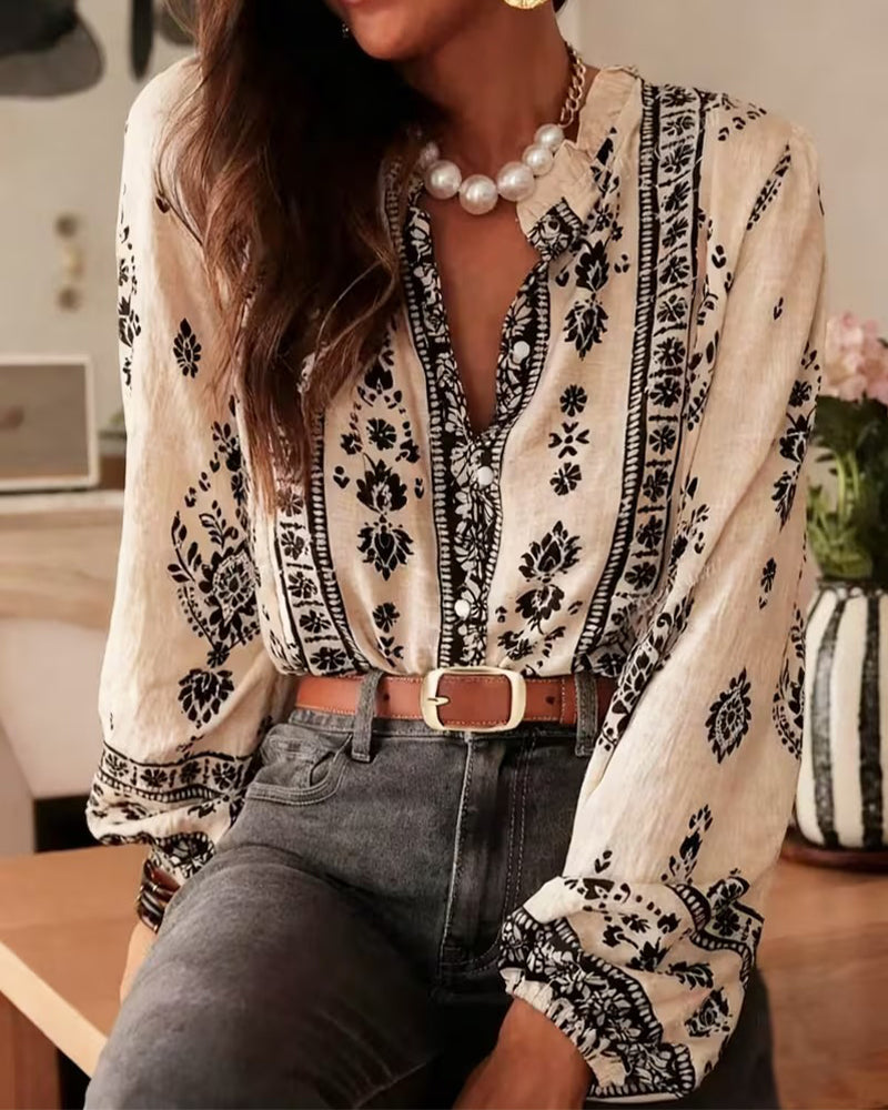 Elegant Floral Printed Blouse Long Sleeves