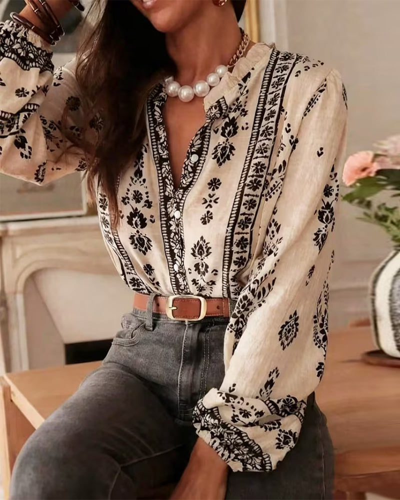 Elegant Floral Printed Blouse Long Sleeves