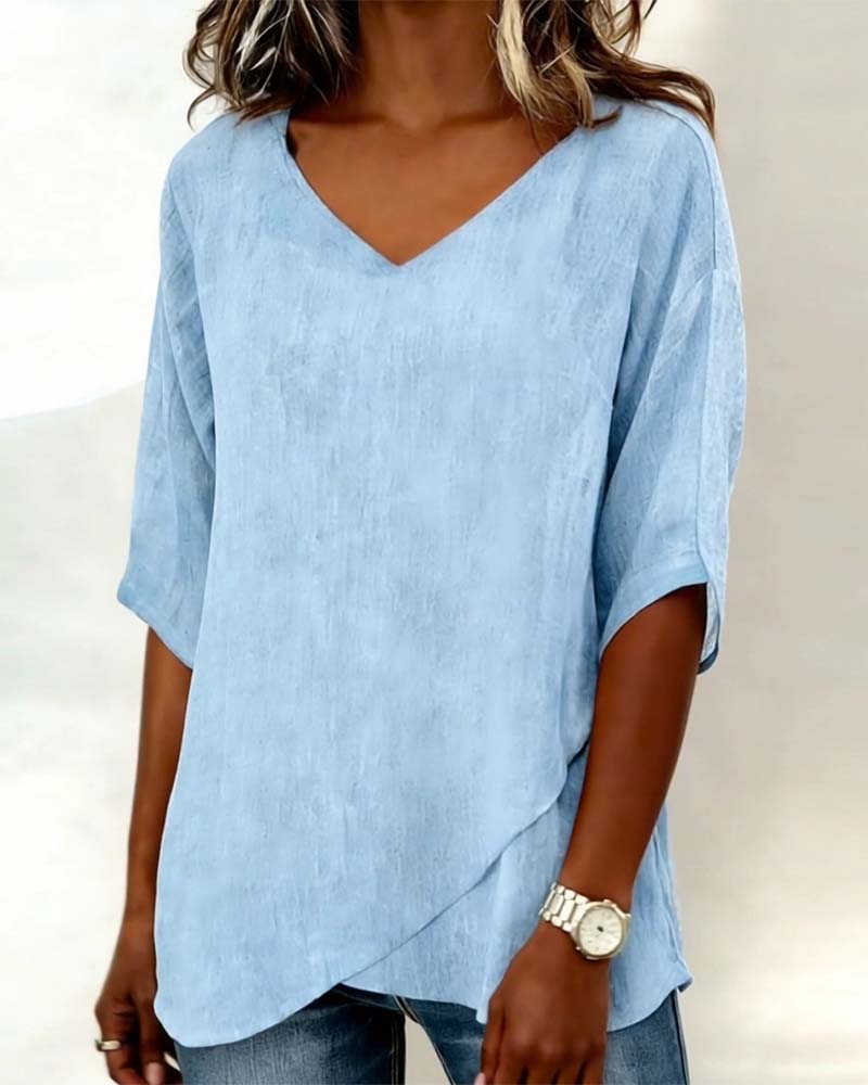 Irregular Hem Top Solid Color V Neck