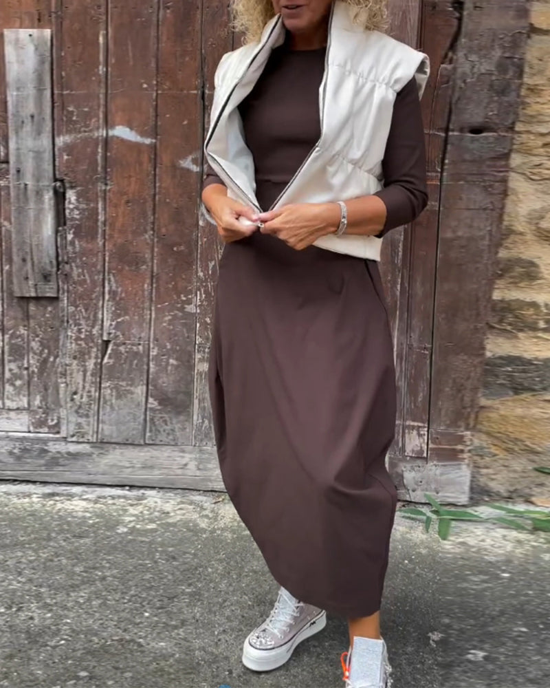 Simple Solid Color Long Sleeved Dress with Pockets