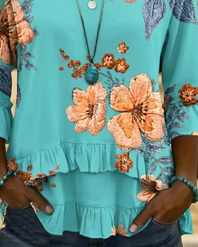 Vintage Floral V-Neck Blouse Loose Fit