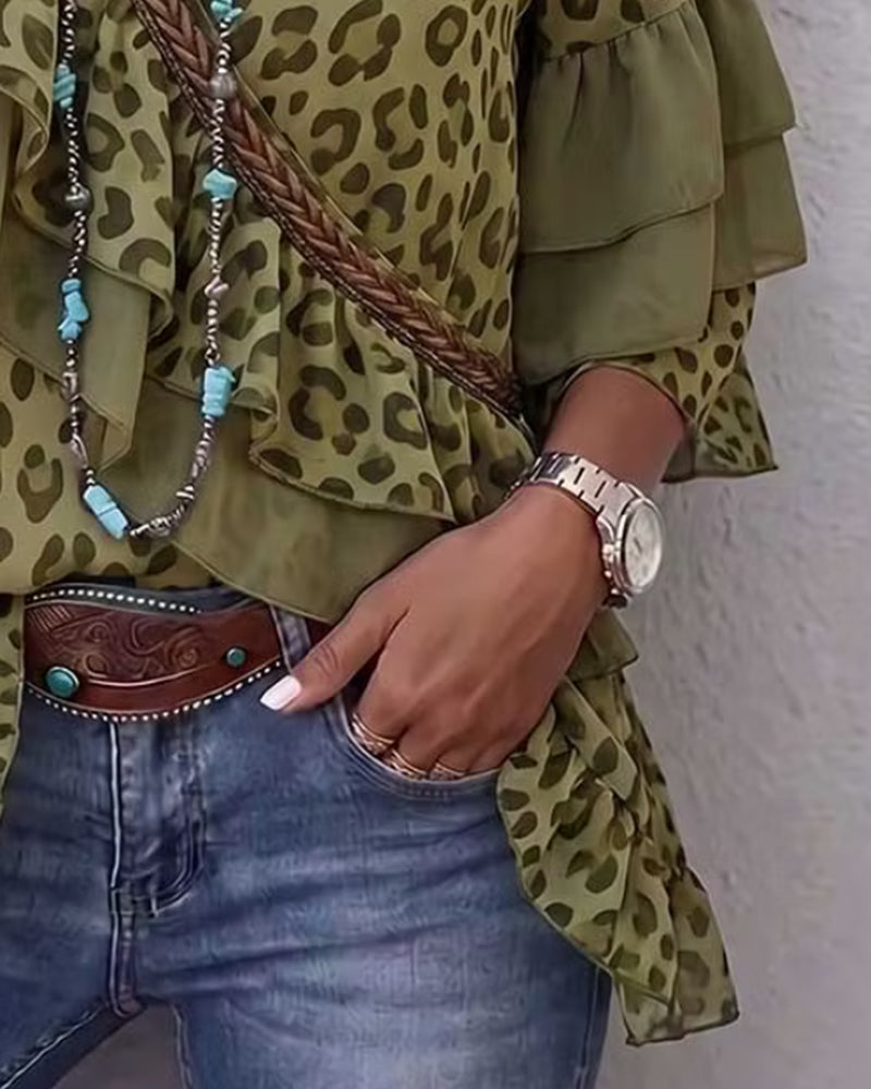 Blouse V-Neck Ruffle Leopard