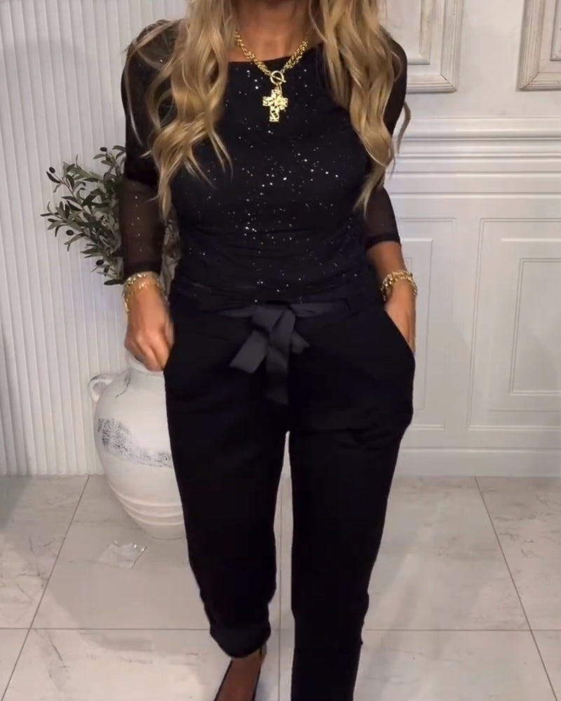 Long Sleeve Sequin and Patchwork Top