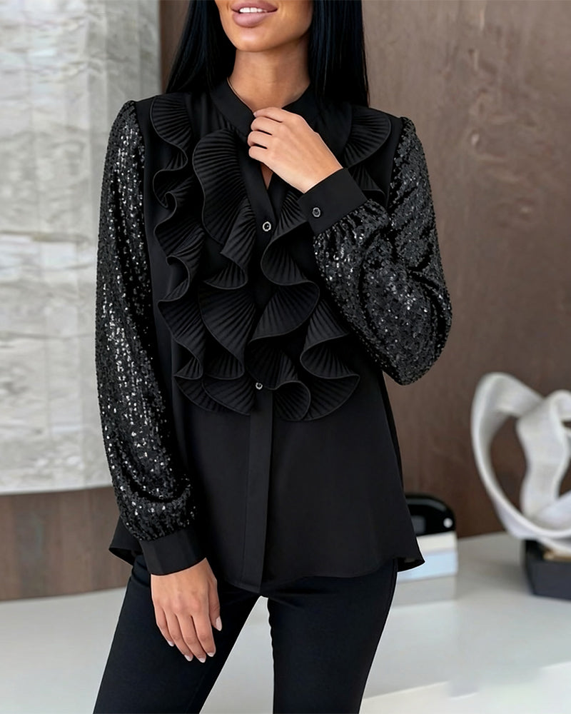 Ruffled Sequin Patchwork Elegant Blouse