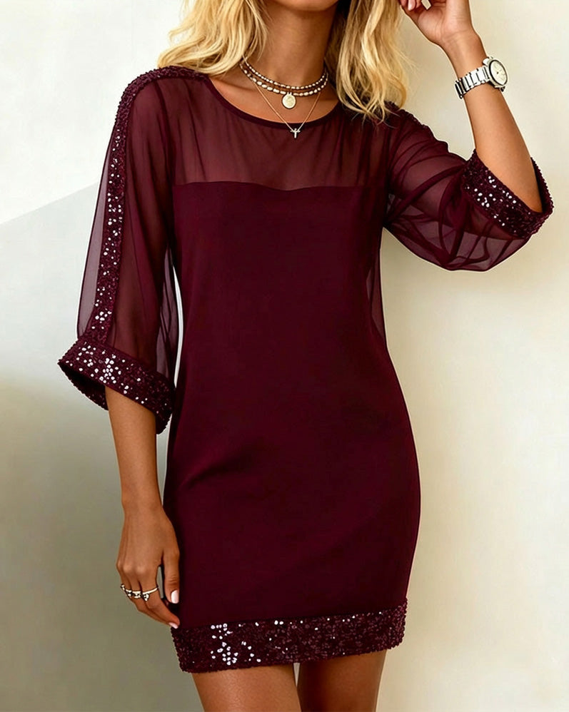 Dress Glitter Paneled Mesh Round Neck