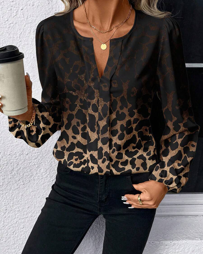 Shirt Puff Sleeve Gradient Leopard Print
