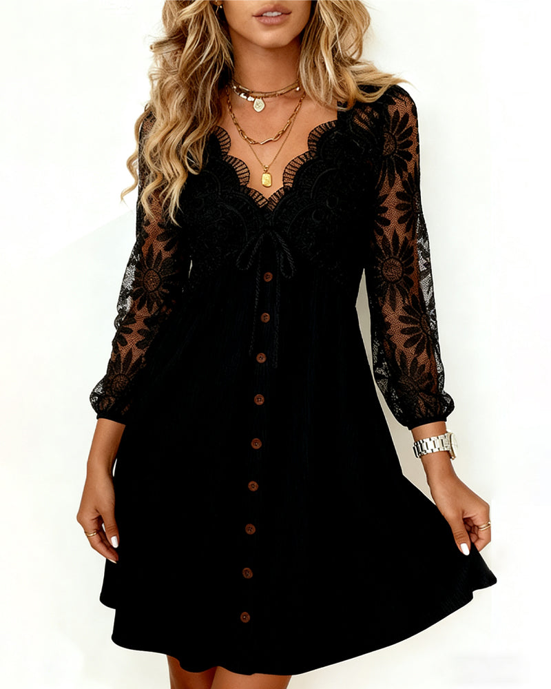 Sunflower Lace Dress Long Sleeves V-Neck