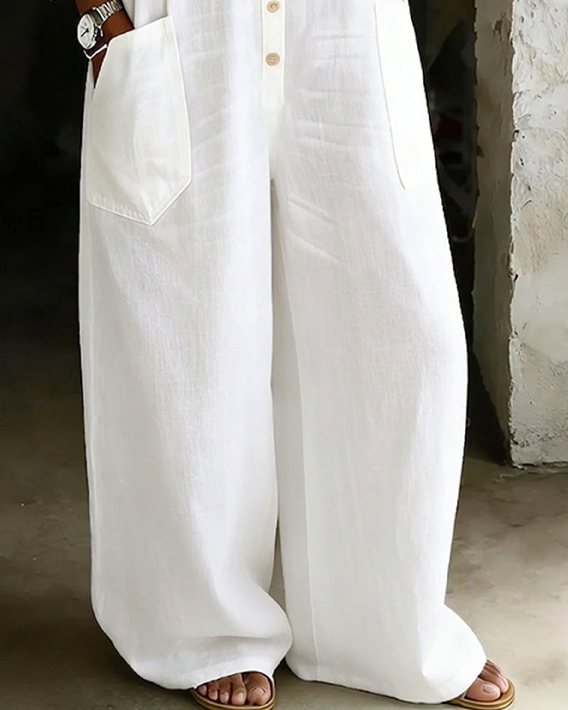 100% Cotton Casual Lapel Jumpsuit Wide Leg
