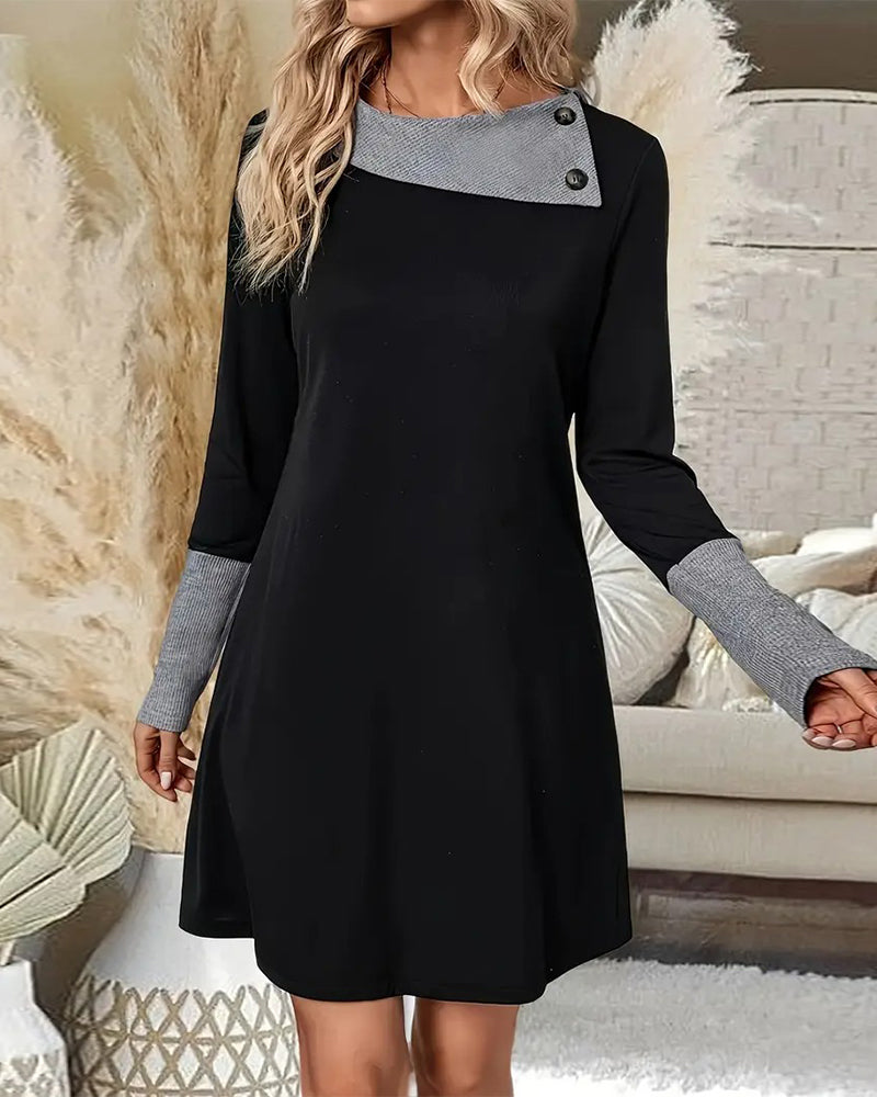Casual Dress with Asymmetrical Neckline and Long Sleeves