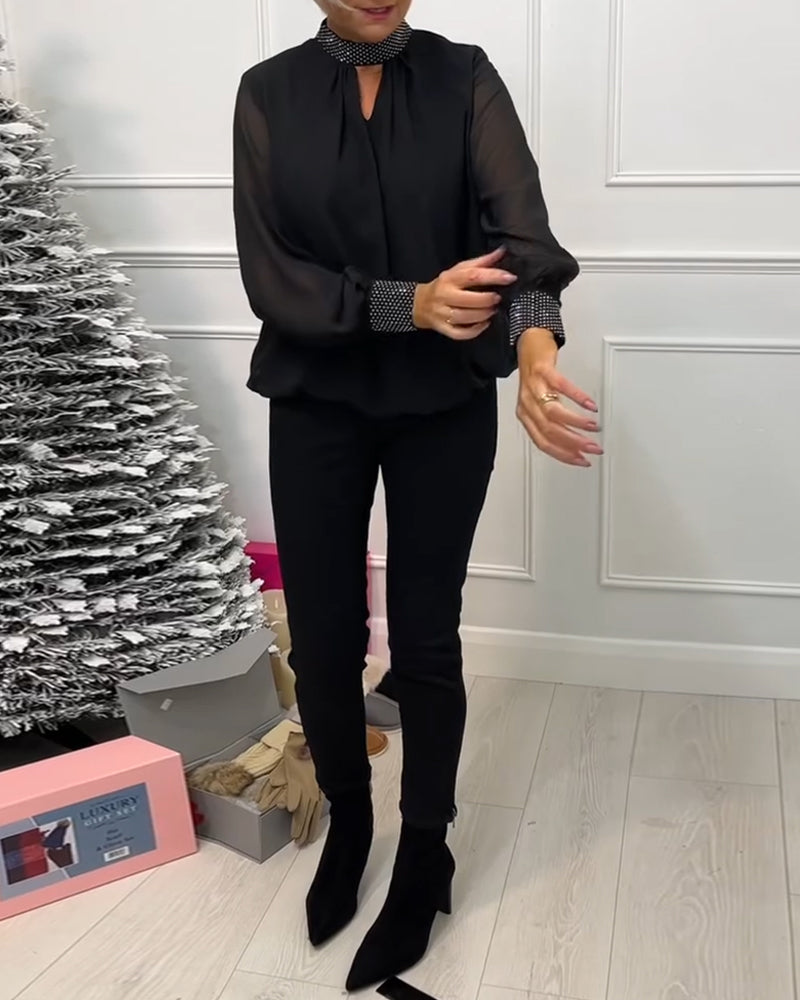 High-Necked Sheer Patchwork Blouse in Solid Color