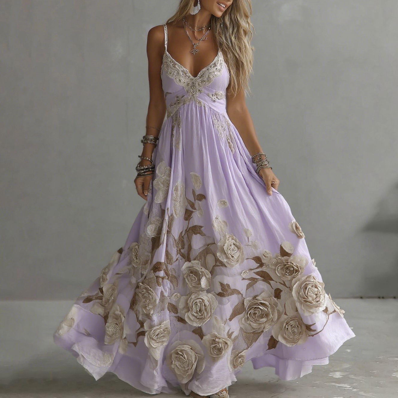 Adeluna | Long Dress with Vintage Rose and Embroidery