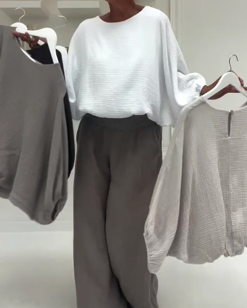 Elegant Pleated Batwing Sleeve Blouse