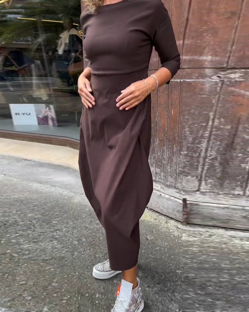 Simple Solid Color Long Sleeved Dress with Pockets