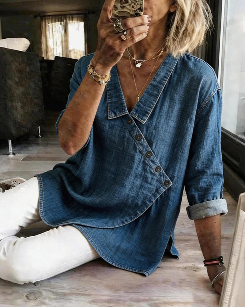Solid Color Diagonal Button Collar Long Sleeve Blouse