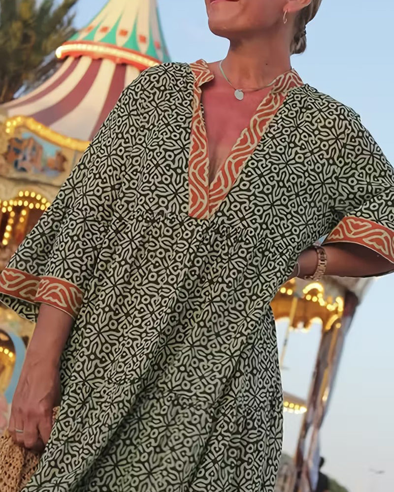V-Neck Three Quarter Sleeve Printed Vacation Dress